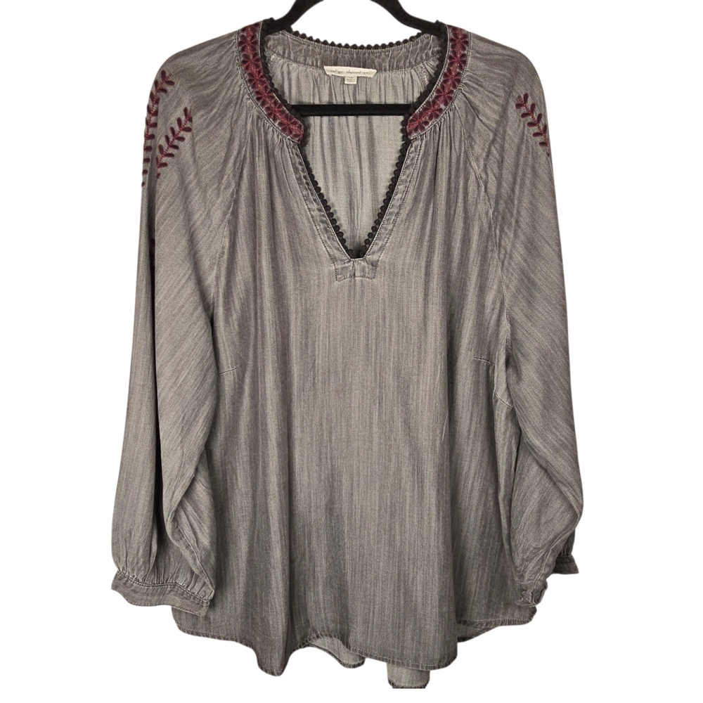 Indigo Thread Co Women's Embroidered Floral Top V-Neck Long Sleeve Stretch 1X